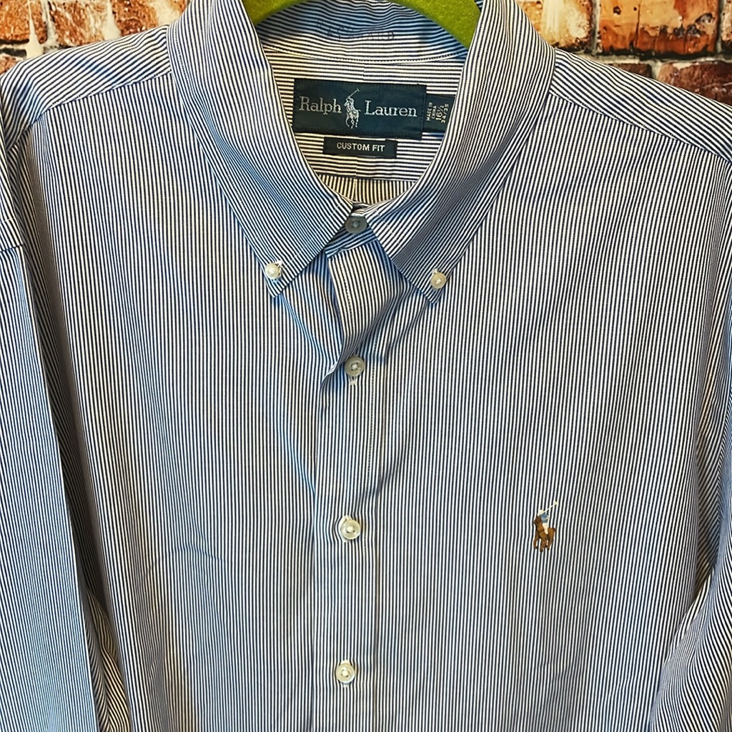 Ralph Lauren Custom Fit Mens Pinstripe 165 3435 Long Sleeve Shirt Blue